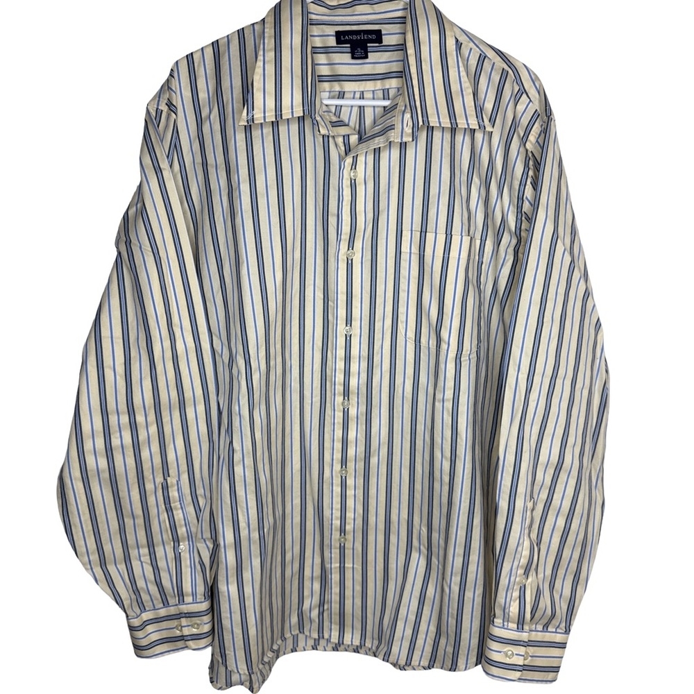 LANDS’ END Men's XL Yellow Blue Black Striped Cotton Button-Up Long Sleeve Shirt